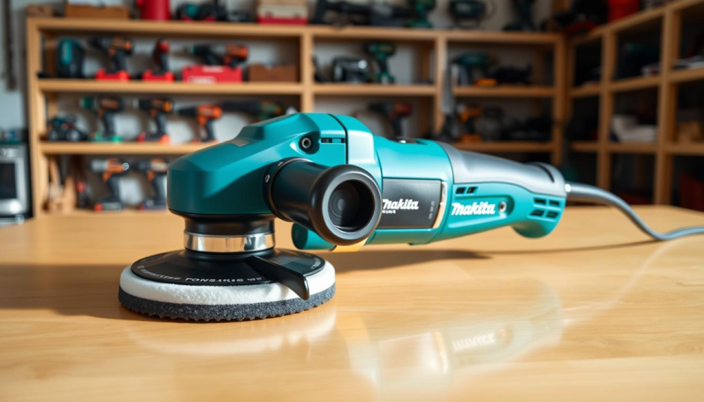 A high-quality Makita polisher rests on a smooth, glossy wooden surface, its sleek body and powerful motor reflecting the soft lighting of a bright, airy workshop. The tool's chrome accents gleam, drawing the eye to its ergonomic design and intuitive controls. In the background, shelves filled with an array of Makita power tools suggest the versatility of the brand and the wide range of projects this polisher can handle, from furniture refinishing to automotive detailing. The overall scene conveys a sense of precision, efficiency, and the satisfaction of achieving a professional-grade finish.
