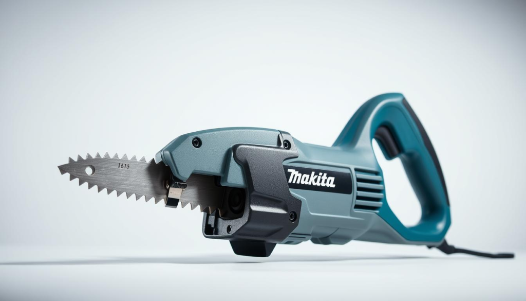 A high-quality Makita reciprocating saw, its sleek grey body gleaming under bright studio lighting. The blade, sharp and serrated, appears ready to effortlessly cut through wood, metal, or any other material. The ergonomic handle fits comfortably in the user's hand, allowing for precise control and maneuverability. In the background, a clean, minimalist setting emphasizes the tool's functional beauty and versatility. The image conveys the power, reliability, and ease of use that make the Makita reciprocating saw an invaluable asset for any woodworking, construction, or renovation project.