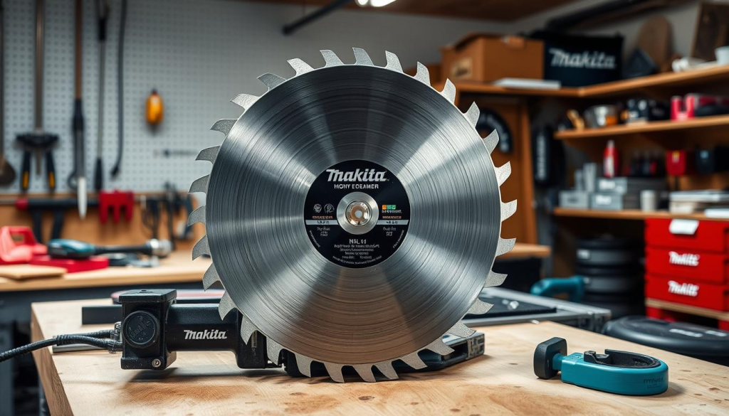 A high-quality Makita track saw blade installation in a well-lit, professional workshop setting. The blade is placed on a sturdy workbench, with various Makita tools and accessories neatly arranged around it. The scene is captured from a slightly elevated angle, showcasing the intricate details of the blade and the precise, step-by-step process of its installation. The lighting is soft and diffused, creating a sense of clarity and focus on the task at hand. The overall atmosphere conveys a sense of expertise, attention to detail, and the importance of proper installation for achieving smooth, accurate cuts with a Makita track saw.
