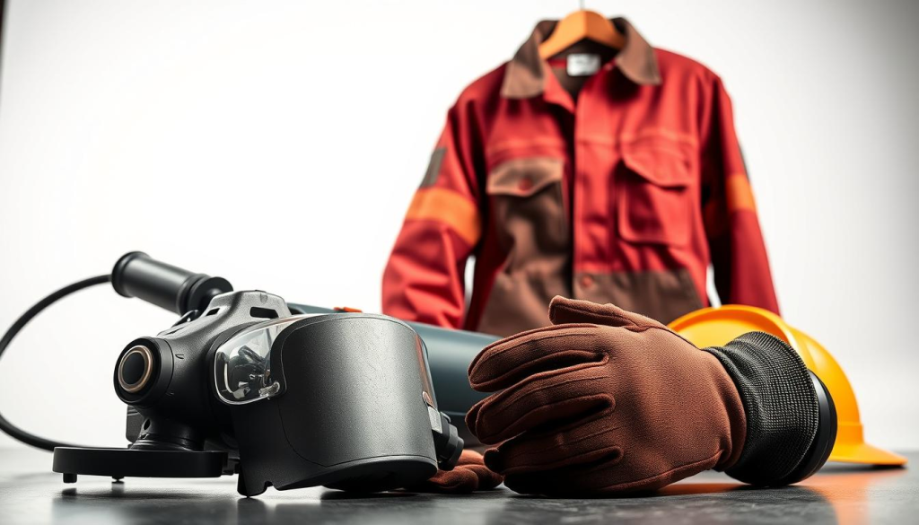 A high-quality angle grinder safety gear arrangement set against a clean, well-lit studio backdrop. In the foreground, a sturdy pair of safety goggles, a dust mask, and heavy-duty work gloves. In the middle ground, a fire-resistant welding jacket and apron. In the background, a hard hat and ear protection muffs, all meticulously positioned to convey a sense of comprehensive safety preparedness. The lighting is soft and diffused, creating subtle shadows that highlight the textures and materials of the equipment. The camera angle is slightly elevated, providing a clear, unobstructed view of the safety gear ensemble.