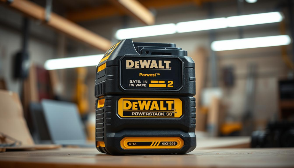 A high-quality, close-up image of the DEWALT POWERSTACK battery pack, showcasing its impressive performance capabilities. The battery is prominently displayed in the center foreground, with a sleek and modern design, featuring the iconic DEWALT branding. The background is slightly blurred, but reveals a clean, well-lit workshop setting, conveying a sense of professional, industrial efficiency. The lighting is balanced, creating a warm, yet powerful atmosphere that highlights the battery's durability and power. The image is captured at a slightly high-angle, giving the POWERSTACK a sense of authority and technological prowess, ready to tackle the most demanding tasks.