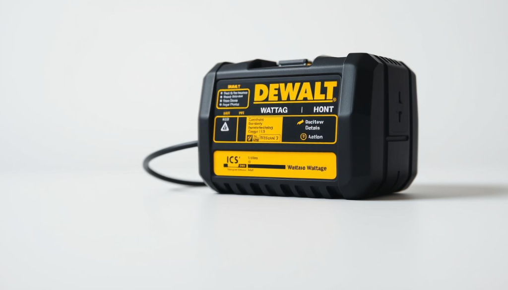 A high-quality, close-up photograph of a DEWALT battery charger set against a clean, minimalist background. The charger is positioned prominently in the center of the frame, with a crisp, well-lit view that showcases the device's design and wattage specifications. The lighting is soft and diffused, creating a professional, technical atmosphere. The angle is slightly elevated to provide a clear, unobstructed view of the charger's details, including the power output, charging ports, and any relevant labeling. The image has a sharp focus and high level of detail, allowing the viewer to easily discern the wattage information.