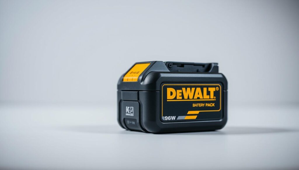 A high-quality, close-up photograph of a DeWalt 9.6V battery pack. The battery pack is centered in the frame, with a clean, neutral background that allows the product to be the main focus. The lighting is soft and diffused, highlighting the sleek, black casing and the yellow DeWalt logo. The image is captured from a slightly elevated angle, giving a professional, technical feel. The battery pack is presented in great detail, showcasing its robust construction and the various connectors and ports. The overall atmosphere is one of reliability, durability, and technical precision, reflecting the high-quality nature of the DeWalt brand.
