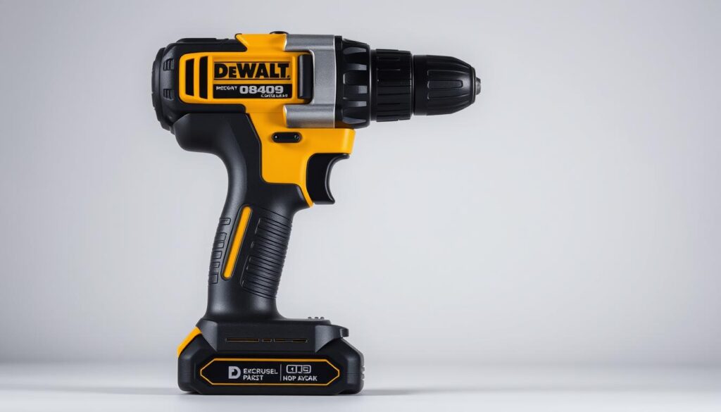 A high-quality, close-up photograph of a Dewalt 08409 cordless drill, showcasing its sleek and durable design. The drill is positioned in a well-lit studio setting, captured from a slightly elevated angle to highlight its ergonomic grip, sturdy metal casing, and the iconic Dewalt logo. The image should convey a sense of precision, power, and reliability, reflecting the drill's exceptional build quality and suitability for a wide range of home improvement tasks. The background should be minimal, allowing the drill's features to take center stage and captivate the viewer.