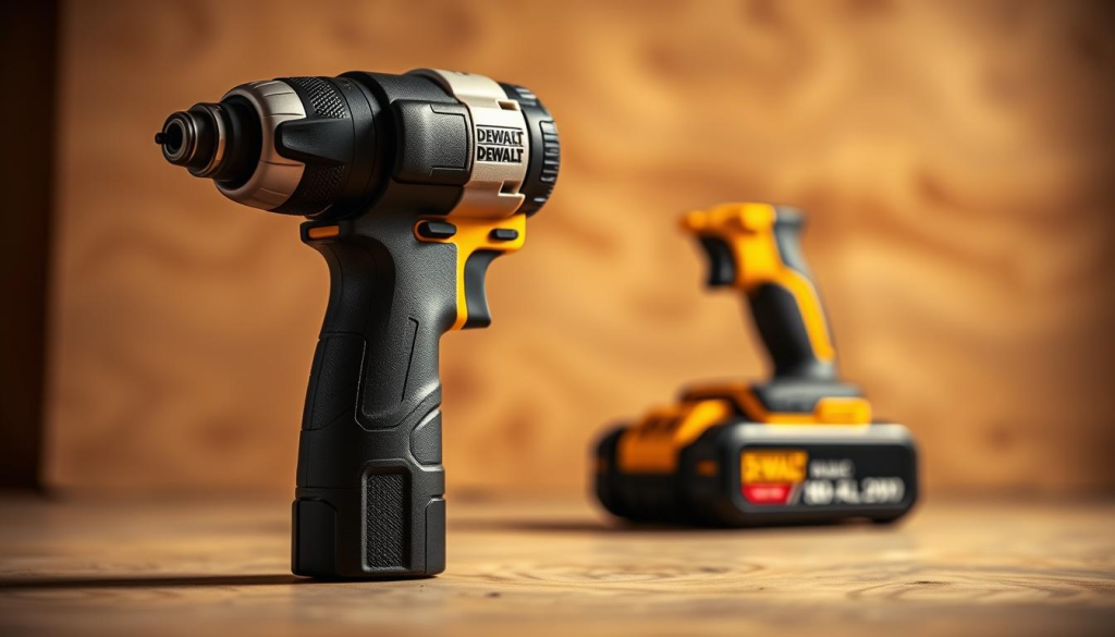 A high-quality, close-up photograph of a Dewalt 089lg cordless drill, showcasing its sleek, compact design and solid construction. The drill is centered in the frame, with a soft, warm lighting illuminating the textured housing and metallic accents. The perspective is slightly angled, highlighting the ergonomic grip and intuitive controls. The background is blurred, placing the focus entirely on the intricate details of the drill's build quality, such as the sturdy casing, the precision-machined chuck, and the reinforced components. The overall mood is one of professional craftsmanship and reliability, reflecting the renowned Dewalt brand.