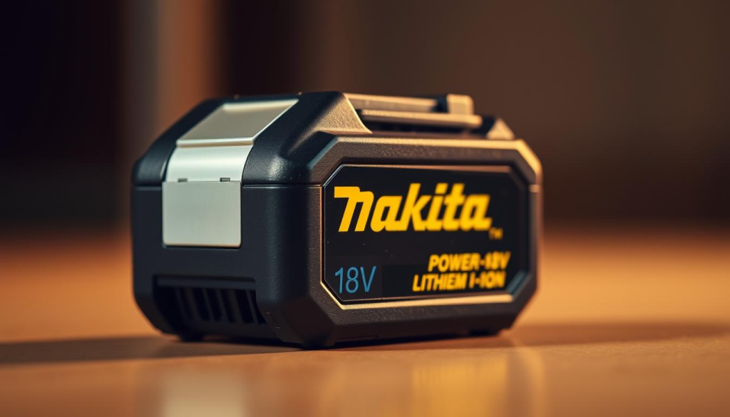 A high-quality, close-up photograph of a Makita 18V lithium-ion power tool battery. The battery is centered in the frame, showcasing its sleek, ergonomic design. Warm lighting from the side accentuates the battery's textured black casing and the bold yellow Makita branding. The image has a clean, professional look with a shallow depth of field, placing the battery in sharp focus while the background is subtly blurred. The overall composition and lighting create a sense of quality, durability, and power, reflecting the dependable performance of the Makita 18V battery system.