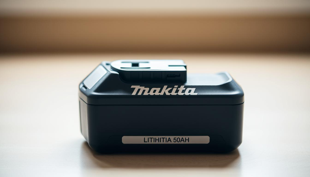 A high-quality, close-up photograph of a Makita 5.0Ah lithium-ion battery pack. The battery is placed on a neutral-colored surface, in a well-lit, soft-focus environment. The battery's sleek, black casing is prominently featured, with the Makita logo clearly visible. The image showcases the battery's size, shape, and technical details, such as the terminal connectors and ventilation slots. The lighting is natural and diffused, creating an even, shadow-free illumination that highlights the battery's smooth, reflective surfaces. The composition is centered and balanced, drawing the viewer's attention to the battery's form and construction. The overall mood is one of professionalism, reliability, and attention to detail, reflecting the high-performance nature of the Makita 5.0Ah battery.