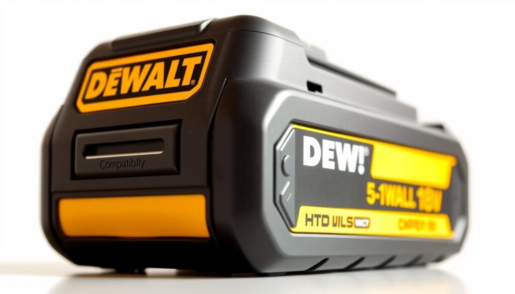 A high-quality close-up shot of a DEWALT 18V battery pack, its compatibility and connection details clearly visible. The battery is displayed against a plain white background, allowing it to be the sole focus. Warm, natural lighting accentuates the battery's sleek, industrial design and the metallic accents. The image captures the battery's key specifications and technological features, providing a comprehensive visual reference for the "Compatibility Issues with 18V Batteries" section of the article.