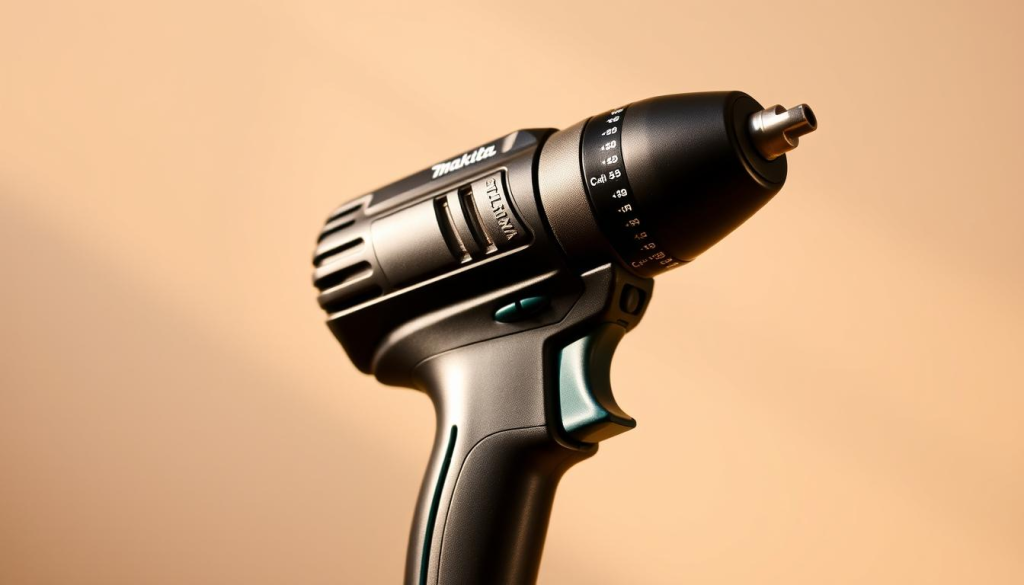 A high-quality, close-up shot of a Makita 1/2 inch impact driver set against a clean, well-lit background. The driver is centered in the frame, showcasing its sleek, sturdy design with a satin black finish and distinctive Makita branding. Crisp details highlight the impact mechanism, adjustable torque settings, and ergonomic grip. Warm, directional lighting accentuates the tool's contours, casting subtle shadows that convey its powerful, professional-grade construction. The image has a sharp focus, capturing the driver's key features in a manner that would effectively illustrate the "Key Features of the Makita 1/2 Impact Driver" section of the article.