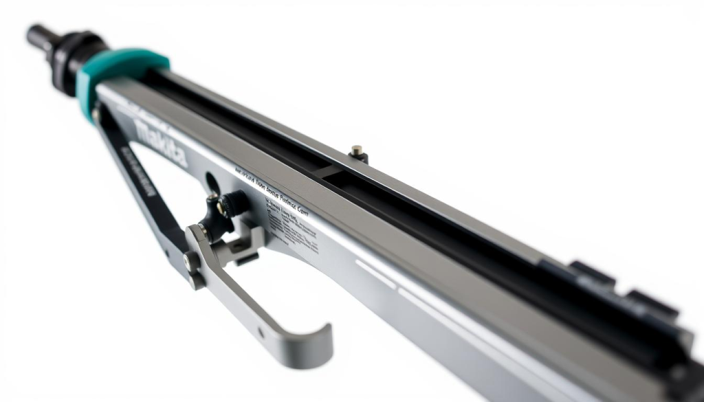 A high-quality, close-up shot of a Makita framing gun, showcasing its key features. The gun is positioned against a crisp, white background, allowing the details to stand out. The lighting is bright and evenly distributed, creating a clean, professional look. The angle captures the gun from a slightly elevated perspective, highlighting its ergonomic grip, sturdy construction, and precision mechanisms. The focus is sharp, emphasizing the textures of the metal, the contours of the body, and the intricate components that enable the gun's power and accuracy. The overall mood is one of technical excellence and reliability, befitting the reputation of the Makita brand.