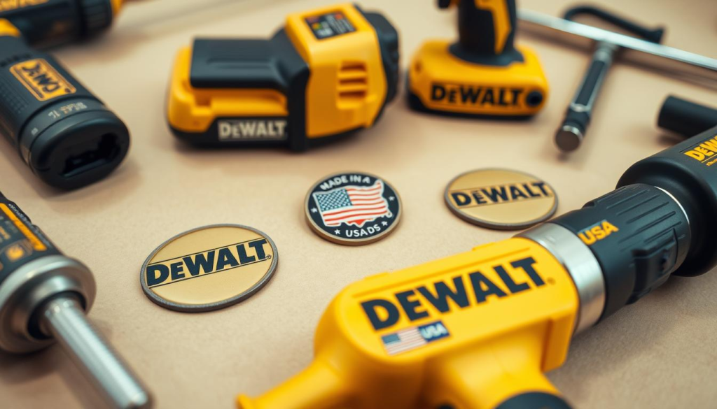A high-quality close-up shot of various DEWALT brand tools and their USA-made labels, captured with a professional-grade camera and macro lens. The tools are neatly arranged on a clean, neutral-toned background, with a soft, even lighting that highlights the details of the tool construction and the "Made in USA" branding. The image has a focus on the foreground elements, with a slightly blurred background to create a sense of depth and emphasize the tools. The overall mood is one of quality, authenticity, and attention to detail, conveying the pride and craftsmanship associated with DEWALT's USA-made products.