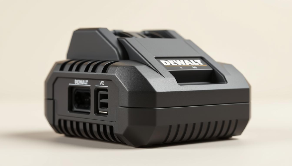 A high-quality, close-up view of a DEWALT battery charger, meticulously rendered in intricate detail. The charger is set against a plain, light-colored background, allowing the device to be the sole focus. The charger's sleek, angular design is accentuated by crisp edges and a matte finish. The charging ports and indicator lights are prominently displayed, showcasing the technical specifications and voltage rating. Soft, even lighting illuminates the charger, creating a clean, professional appearance suitable for an informative article on charger wattage. The overall composition emphasizes the charger's technical features and design, conveying a sense of precision and functionality.