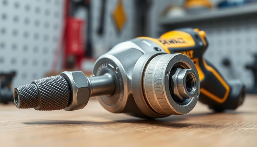 A high-quality, close-up view of a DEWALT nut runner tool, resting on a clean, well-lit workbench. The tool's robust, metallic body is detailed, showcasing its knurled handle and the precision chuck that firmly grips the nut. The image is captured at a slightly elevated angle, emphasizing the ergonomic design and highlighting the tool's power and control. The lighting is bright yet diffused, casting soft shadows that accentuate the tool's contours and textures. The background is blurred, keeping the focus on the DEWALT nut runner and its exceptional engineering.