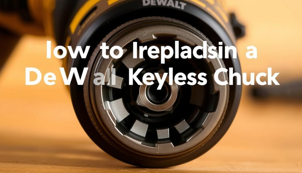 A high-quality, close-up view of a DeWalt drill chuck, showcasing its internal mechanism and replacement process. The chuck is positioned in the foreground, with a clean, well-lit, and slightly angled perspective to highlight its intricate details. The background is softly blurred, keeping the focus on the drill chuck. The lighting is warm and natural, capturing the metallic sheen and texture of the chuck's components. The image conveys a sense of precision, functionality, and the ease of replacing a DeWalt keyless chuck, aligning with the article's subject and section title.