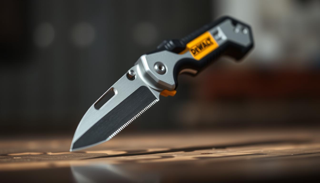 A high-quality closeup photograph of a DEWALT utility knife, positioned in the center of the frame. The knife is shown in sharp focus, with a strong frontal lighting illuminating its metallic body and serrated blade. The background is blurred, creating a sense of depth and emphasizing the knife's durability and craftsmanship. The image conveys a sense of strength, reliability, and precision, reflecting the benefits of using DEWALT knives for everyday cutting tasks.