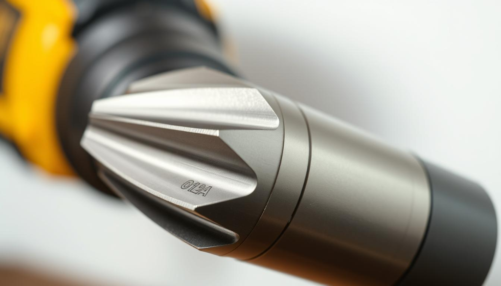 A high-quality, closeup photograph of a Dewalt 012A drill bit, showcasing its key features. The bit is captured against a clean, well-lit background, allowing the details to stand out. The lighting is soft and natural, accentuating the metallic finish and the precise engineering of the tool. The camera is positioned at a slight angle, providing a clear, unobstructed view of the drill bit's fluted design, cutting edges, and the Dewalt logo. The depth of field is shallow, keeping the bit in sharp focus while blurring the background. The overall mood is one of precision, power, and reliability, reflecting the quality and performance of the Dewalt 012A drill bit.