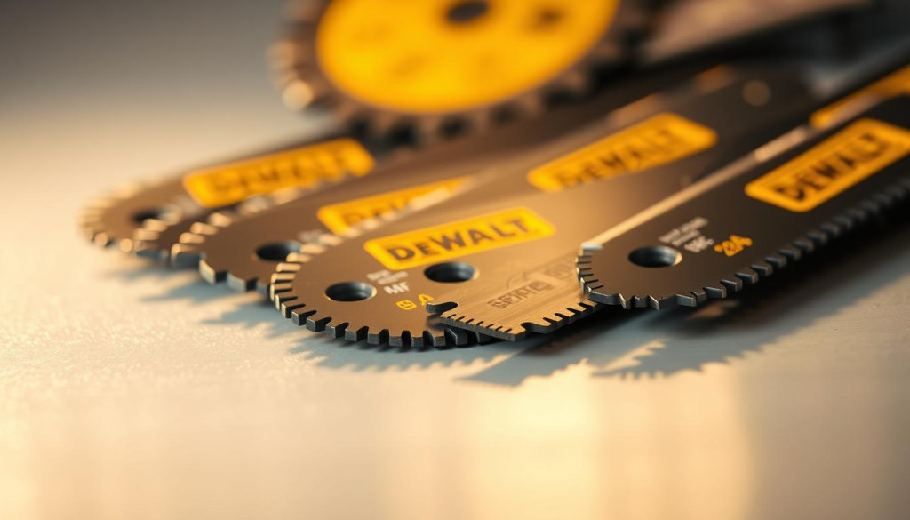 A high-quality closeup photograph of various DEWALT utility cutting blades neatly arranged on a clean, reflective surface. The blades are sharply in focus, showcasing their durable steel construction and distinct serrated edges. Warm, directional lighting creates subtle shadows that accentuate the blades' profiles. The background is softly blurred, creating a sense of depth and drawing the viewer's attention to the cutting tools. The overall composition is well-balanced, allowing the blades to be the central focus of the image.