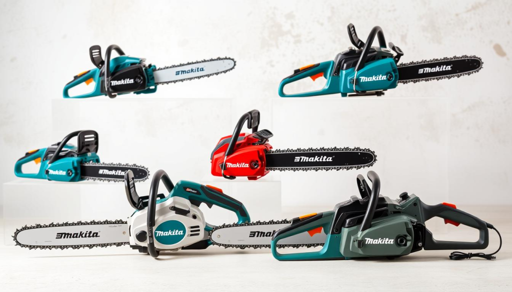 A high-quality comparison of various Makita electric chainsaws, showcased against a neutral background with soft, natural lighting. The chainsaws should be prominently displayed, allowing viewers to examine their design, features, and capabilities in detail. Capture the power, efficiency, and versatility that make Makita a leading brand in the electric chainsaw market. Emphasize the attention to ergonomics and user-friendly controls that set Makita apart from competitors. Convey a sense of professionalism and authority, inviting the viewer to consider the advantages of Makita electric chainsaws.