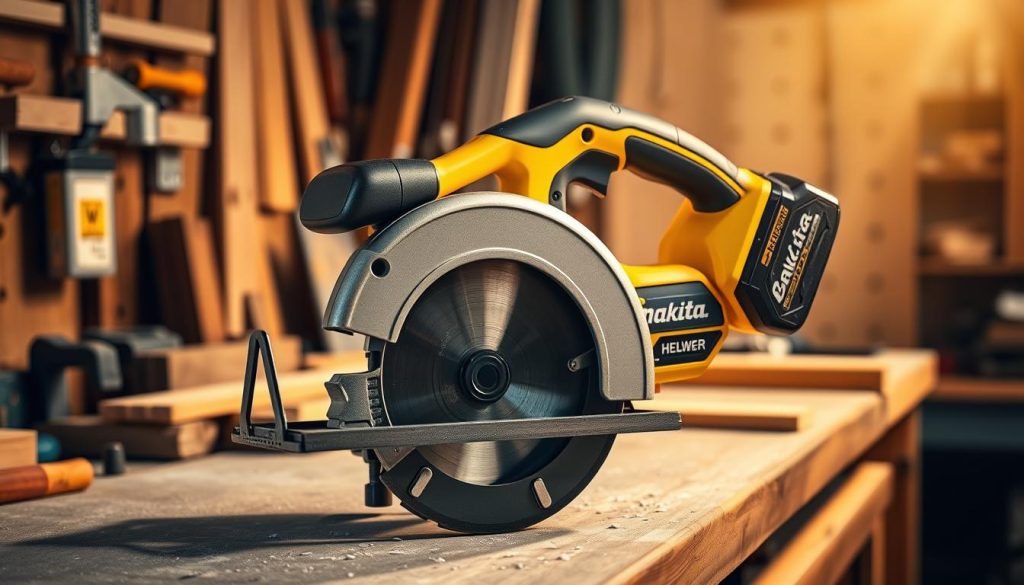 A high-quality cordless circular saw standing on a workbench, surrounded by various woodworking tools and materials. The saw has a sleek, modern design with a bright yellow body and black accents, reflecting the Makita brand's signature look. The blade is partially visible, casting a sharp shadow on the surface beneath. Warm, directional lighting illuminates the scene, creating a sense of depth and highlighting the saw's key features. The background is softly blurred, keeping the focus on the saw as the central subject. The overall mood is one of precision, power, and professional craftsmanship, reflecting the capabilities of a cordless circular saw.
