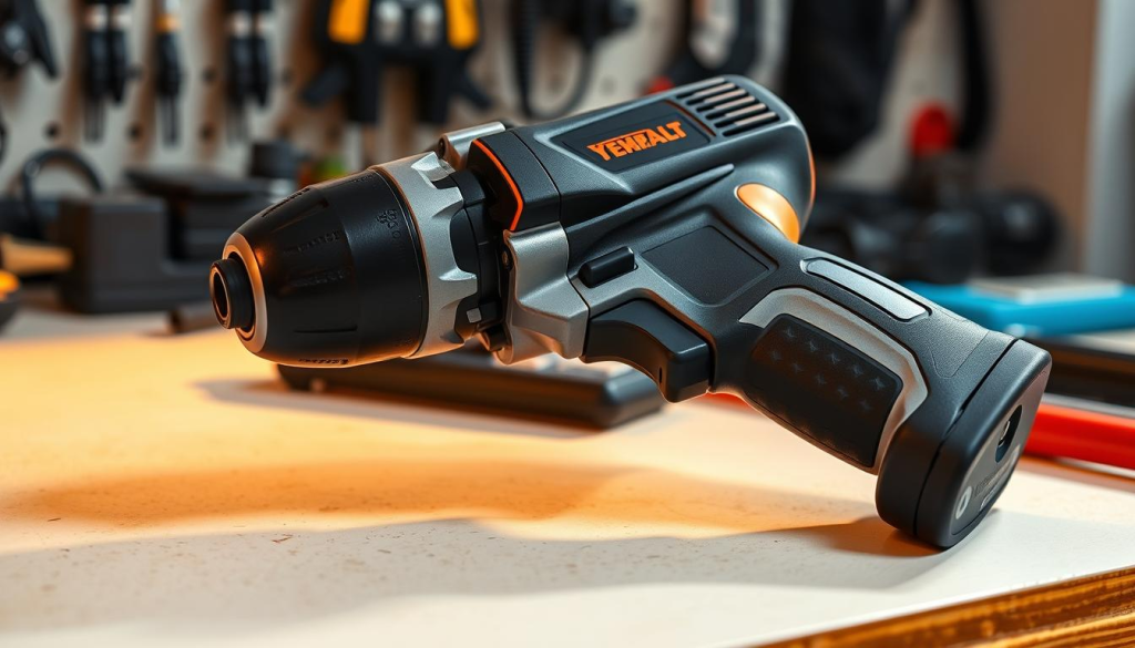 A high-quality cordless impact wrench rests on a clean, organized workbench, its brushless motor and compact design clearly visible. Warm directional lighting accentuates the sleek black and grey color scheme, casting dynamic shadows that convey its powerful, professional-grade performance. The wrench's ergonomic grip and intuitive controls are prominently displayed, inviting the viewer to imagine the smooth, effortless operation of this versatile, battery-powered tool. The background is softly blurred, keeping the focus on the impact wrench as the star of the scene, a testament to its capability and convenience for DIY projects.