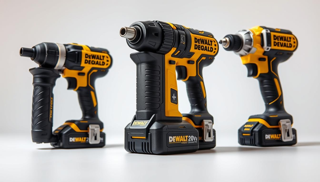 A high-quality, detailed, and visually compelling comparison of three DEWALT 20V cordless power tools, showcased in a clean, well-lit studio setting with a neutral background. The tools are positioned at an angle, allowing for clear visibility of their distinctive features and design elements. Crisp, high-resolution images capture the tools' textures, materials, and ergonomic details. Subtle shadows and reflections add depth and dimension to the scene, creating a sense of solidity and presence. The lighting is soft and diffused, highlighting the tools' sleek, professional aesthetic. The overall mood is one of precision, functionality, and brand identity.