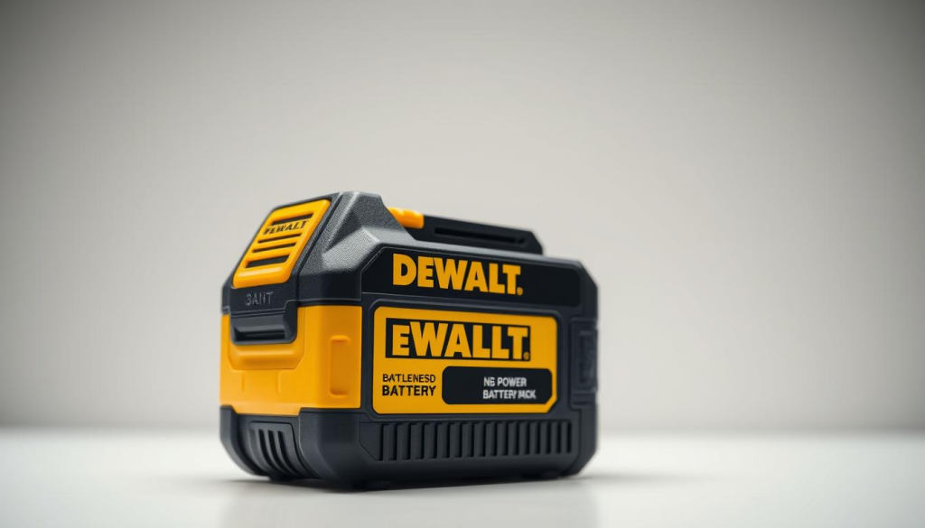 A high-quality, detailed close-up photograph of a DEWALT 8AH battery pack, showcased against a clean, well-lit backdrop. The battery pack is prominently displayed, with its sleek, rugged construction and the iconic DEWALT branding clearly visible. The image captures the power and reliability of the tool, highlighting its compatibility with a wide range of DEWALT cordless power tools. The lighting is soft and even, accentuating the product's premium design and sturdy build quality. The focus is sharp, and the depth of field is shallow, drawing the viewer's attention to the battery pack's key features. The overall mood is professional, confident, and emphasizes the battery's suitability for heavy-duty use.