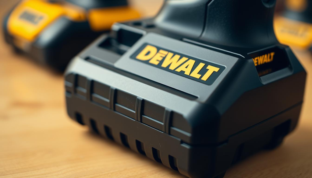 A high-quality, detailed close-up shot of a Dewalt 12V lithium-ion battery pack. The battery is shown in the foreground, with a warm, soft lighting illuminating its sleek, black plastic casing. The surface has a matte finish, with the Dewalt logo prominently displayed. The edges are slightly beveled, adding a modern, streamlined appearance. The battery terminals are visible, hinting at the powerful energy storage within. The background is blurred, focusing the viewer's attention solely on the battery's technical design and advanced technology. Captured with a high-resolution camera lens, this image showcases the compact yet robust nature of Dewalt's 12V battery series, perfectly complementing the section on the "The Technology Behind Dewalt's 12V Series".