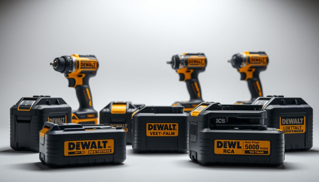A high-quality, detailed comparison of common DEWALT battery types, showcased in a well-lit, professional-looking studio setting. The batteries are arranged in a visually appealing, symmetrical layout, each model clearly visible and discernible. The scene is captured with a sharp, high-resolution camera, providing crisp, clear details of the battery casings, terminals, and other distinguishing features. The overall mood is one of technical precision and informative clarity, highlighting the key differences between the DEWALT battery offerings.