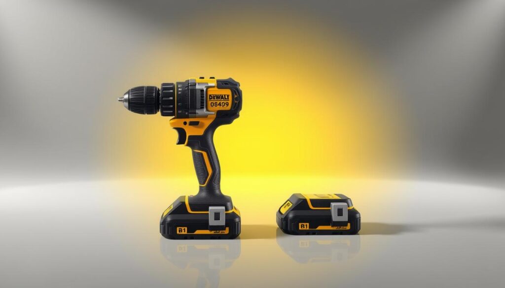 A high-quality, detailed digital illustration of a Dewalt 08409 cordless drill in a well-lit, professional product photography setup. The drill is positioned prominently in the center, showcasing its sleek black and yellow design and various features like the battery compartment and trigger. The background is clean and minimalist, with subtle shadows and reflections to highlight the tool's form and materials. The lighting is soft and diffused, creating an even, shadowless illumination that accurately captures the drill's texture and color. The camera angle is slightly elevated, providing a balanced, three-quarter view that allows the viewer to clearly see the drill's overall shape and dimensions.
