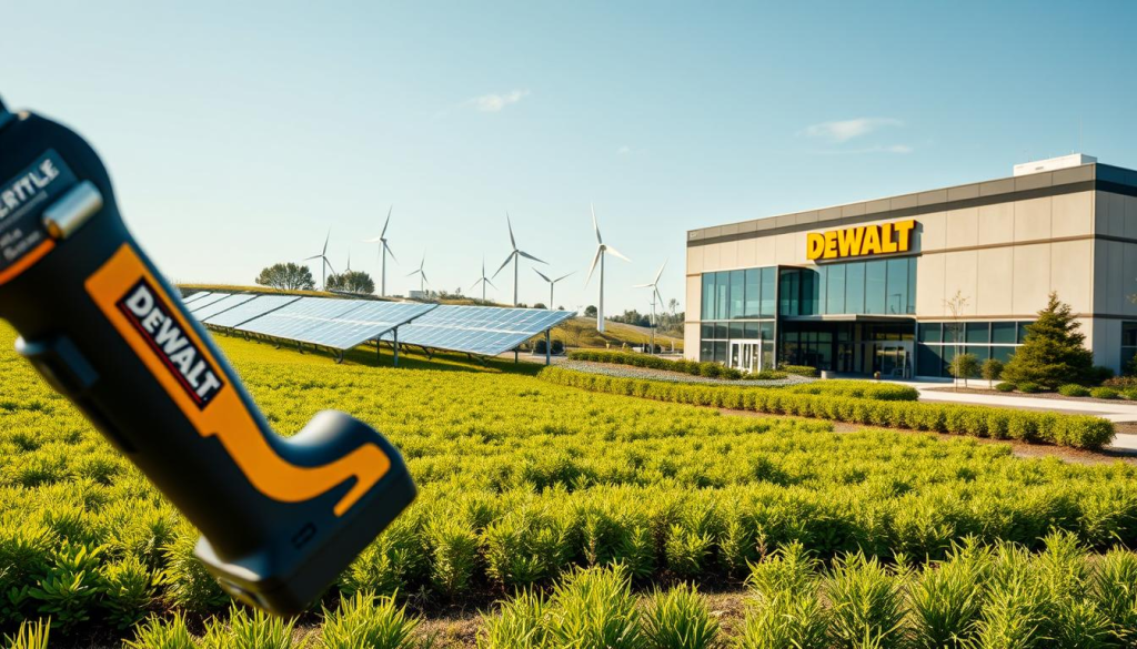 A high-quality, detailed image of DEWALT's commitment to sustainability. In the foreground, a sleek, energy-efficient DEWALT power tool, its design showcasing the brand's focus on eco-friendly manufacturing. In the middle ground, a lush, verdant landscape with solar panels and wind turbines, representing the brand's investment in renewable energy. In the background, a modern, LEED-certified DEWALT facility, its architecture and landscaping reflecting a holistic approach to sustainability. The scene is bathed in warm, natural lighting, conveying a sense of balance and harmony between technology and the environment.