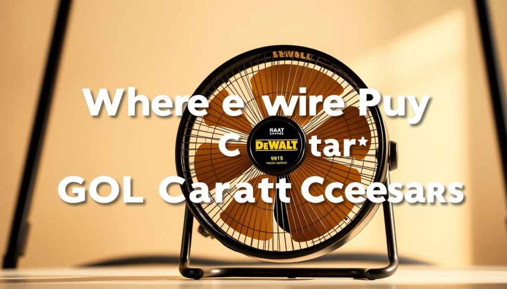 A high-quality, detailed image of a DEWALT golf cart fan, shot against a soft, neutral background. The fan is placed in the foreground, showcasing its sleek black and yellow design, with clear visibility of the DEWALT logo and product details. The lighting is warm and natural, casting gentle shadows and highlights that accentuate the fan's features. The middle ground is slightly blurred, drawing the viewer's attention to the product. The background is a simple, uncluttered space, allowing the fan to be the focal point of the image. The overall composition and lighting create a premium, professional look suitable for an article about where to purchase this DEWALT golf cart accessory.