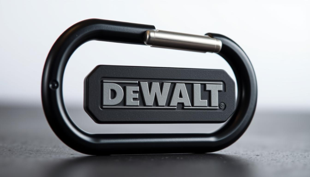 A high-quality, detailed image of a DEWALT keychain design, showcasing its rugged and durable construction. The keychain is prominently displayed in the foreground, with a clean, well-lit studio backdrop. The design features the iconic DEWALT logo embossed on a sturdy, black metal frame, complemented by a robust, carabiner-style clip. The lighting is natural and diffused, accentuating the metallic sheen and highlighting the keychain's tactile, industrial-grade feel. The overall composition conveys the keychain's dependability and suitability as a tough accessory for DEWALT tools.