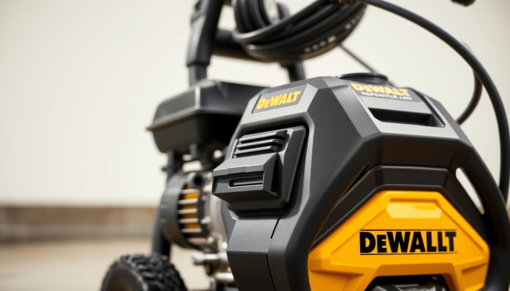 A high-quality, detailed image of a DEWALT pressure washer showcasing its key features. The pressure washer is shown in the foreground, with a clean, well-lit background. The image captures the rugged, industrial design of the DEWALT pressure washer, with a focus on its powerful motor, heavy-duty metal construction, and user-friendly controls. The lighting accentuates the sleek, angular lines of the machine, while the angle of the shot highlights its compact, maneuverable size. The overall mood is one of reliable performance and professional-grade quality, befitting the DEWALT brand.