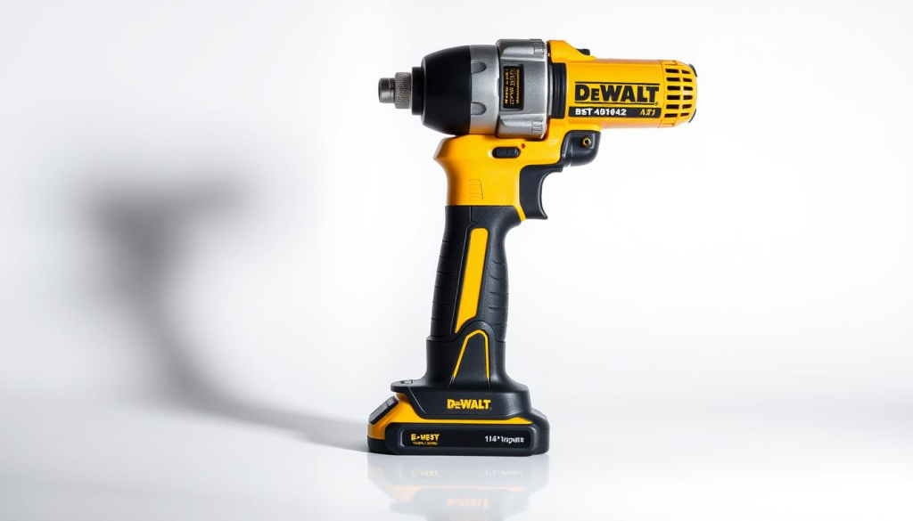 A high-quality, detailed image of a DeWalt 1/4" impact driver set against a clean, well-lit studio background. The driver is placed on a smooth, reflective surface, allowing its sleek black and yellow design to be prominently displayed. Soft, even lighting from above and behind casts gentle shadows, accentuating the tool's textured grip and metallic accents. The composition is balanced, with the driver occupying the center of the frame, surrounded by ample negative space to emphasize its importance. The image conveys a sense of power, precision, and the essential benefits of using this robust, professional-grade impact driver.