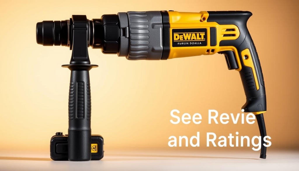 A high-quality, detailed image of a DeWalt hammer drill showcasing its key features. The drill is positioned prominently in the foreground, captured in a warm, studio-style lighting setup with a clean, neutral background. The image highlights the drill's sleek, ergonomic design, powerful motor, and precision controls, conveying its robust, professional-grade capabilities. The composition emphasizes the drill's functionality and quality, providing a visually engaging illustration to accompany the "User Reviews and Ratings" section of the article.