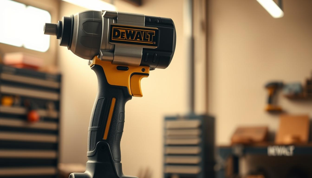 A high-quality, detailed image of a DeWalt impact wrench in a well-lit, industrial setting. The wrench is the prominent subject, showcased in the foreground with a sharp focus and clear visibility of its metallic body, rubber grip, and powerful construction. The middle ground features a blurred, yet recognizable workbench or tool chest, hinting at the wrench's purpose and capabilities. The background is a clean, neutral space, allowing the impact wrench to stand out and command attention. The lighting is warm and directional, casting subtle shadows that accentuate the wrench's sturdy design and robust appearance. The overall tone conveys a sense of power, reliability, and the professional-grade quality that defines the DeWalt brand.