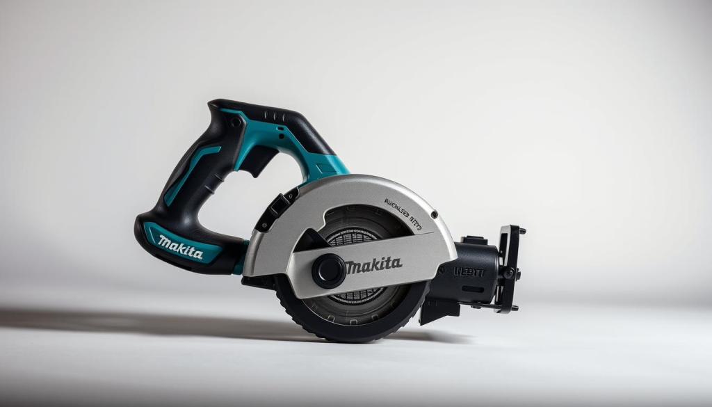 A high-quality, detailed image of a Makita brushless Sawzall power tool, shot in a well-lit, professional studio setting. The Sawzall is prominently displayed in the center of the frame, showcasing its sleek and modern design. The tool is positioned at a slight angle, allowing the viewer to appreciate its ergonomic grip, compact body, and powerful brushless motor. The background is a clean, neutral backdrop that allows the Sawzall to be the focal point. Soft, directional lighting from the side and above casts subtle shadows, highlighting the tool's textures and contours. The overall mood is one of precision, power, and professionalism, reflecting the Makita brand's reputation for quality and performance.