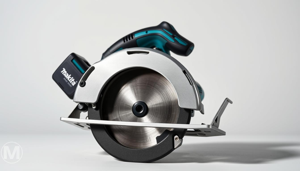 A high-quality, detailed image of a Makita brushless cordless circular saw, photographed from a low angle against a clean, minimalist background. The saw is shown in a well-lit, studio-like setting, with soft shadows and subtle reflections on the metallic surfaces. The image showcases the saw's sleek, modern design, highlighting its brushless motor, battery pack, and precision blade guard. The overall mood is one of professional-grade power and reliability, reflecting the saw's suitability for demanding woodworking tasks.