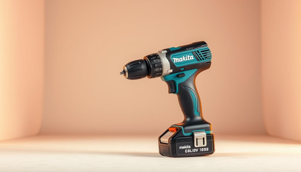 A high-quality, detailed image of a Makita cordless right angle drill in a well-lit, professional studio setting. The drill is presented prominently in the foreground, showcasing its sleek, ergonomic design and cordless functionality. The middle ground features a clean, minimalist background with subtle textures, allowing the drill to be the focal point. Warm, directional lighting accentuates the drill's metallic and plastic components, creating a sense of depth and dimensionality. The camera angle is slightly elevated, providing a clear, unobstructed view of the drill's key features and controls. The overall mood is one of precision, power, and reliability, reflecting the high-quality craftsmanship of the Makita brand.