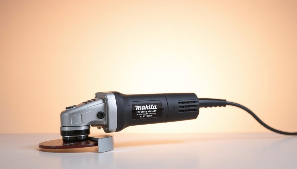 A high-quality, detailed image of a Makita die grinder, showcasing its key features. The grinder is positioned in the foreground, illuminated by soft, warm lighting that enhances its metallic finish. The middle ground features a clean, minimalist background, allowing the tool to take center stage. The composition is balanced, with the grinder placed at a slight angle to create visual interest. The image captures the power, precision, and durability of this professional-grade grinding tool, perfectly suited for the "Key Features of Makita Die Grinders" section of the article.