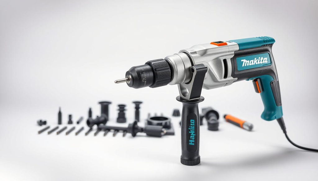 A high-quality, detailed image of a Makita hammer drill power tool, captured in a well-lit studio setting. The drill is positioned prominently in the foreground, its metallic body and features meticulously rendered. The middle ground showcases the drill's various attachments and accessories, neatly arranged to highlight its versatility. In the background, a clean, minimalist backdrop emphasizes the tool's sleek, modern design. Soft, directional lighting casts subtle shadows, accentuating the drill's texture and contours. The overall composition conveys a sense of professionalism, power, and the tool's suitability for a wide range of real-world applications.