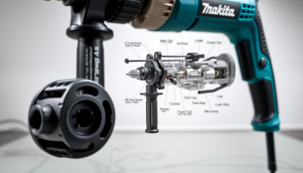 A high-quality, detailed image of a Makita hammer drill, showcasing its technical specifications and features. The drill is presented in a well-lit, professional studio setting, shot from a slightly elevated angle to highlight its ergonomic design and construction. The foreground features the drill in crisp focus, with a clear view of the chuck, trigger, and other key components. The middle ground includes a technical diagram or cutaway view, revealing the internal mechanisms and power system. The background is a clean, minimalist environment, allowing the drill to be the central focus. The overall mood is one of precision, power, and technical excellence, reflecting the quality and capabilities of the Makita brand.
