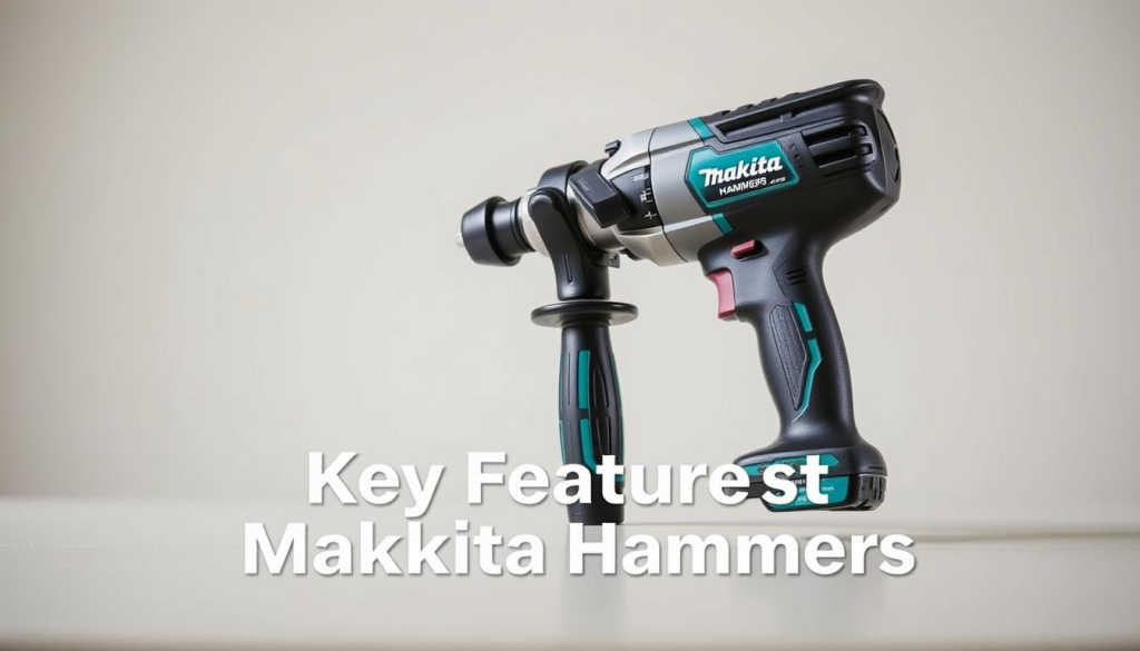 A high-quality, detailed image of a Makita hammer impact driver, showcasing its key features. The driver is prominently displayed in the foreground, with a clean, neutral background that allows the tool to take center stage. The image is captured at a slight angle, highlighting the driver's ergonomic design and compact size. The lighting is natural and diffused, accentuating the tool's sleek metallic finish and smooth lines. The overall composition conveys a sense of power, durability, and reliability, fitting the section title "Key Features of Makita Hammers."