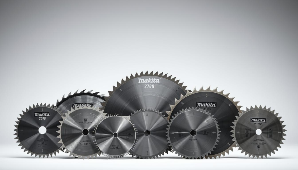 A high-quality, detailed image of an assortment of Makita 2708 table saw blades, showcased against a clean, well-lit studio backdrop. The blades should be arranged in a visually appealing, organized manner, highlighting their size, tooth configuration, and other distinguishing features. Capture the precision, durability, and variety of the blade options available for this versatile table saw. Utilize a sharp focus, crisp lighting, and a neutral color palette to emphasize the technical nature of the subject matter. The overall mood should convey professionalism, functionality, and the breadth of compatibility offered by the Makita 2708 table saw.