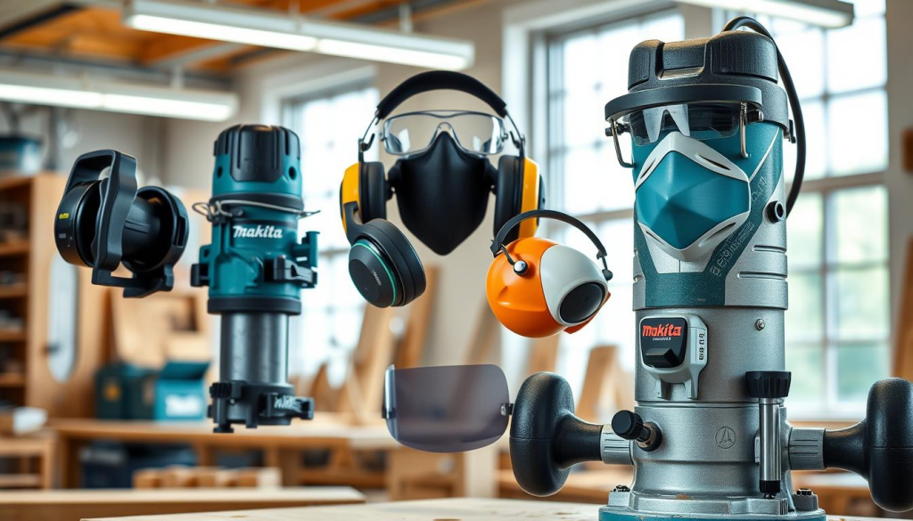 A high-quality, detailed image of personal protective equipment (PPE) for safe Makita router operation. In the foreground, a Makita router with various guard attachments, dust collection systems, and safety features. In the middle ground, protective eyewear, hearing protection, and respiratory masks displayed prominently. The background features a well-lit woodworking workshop with ample natural lighting from large windows, creating a professional and safety-conscious atmosphere. The image conveys the importance of proper PPE usage when operating powerful power tools like the Makita router.