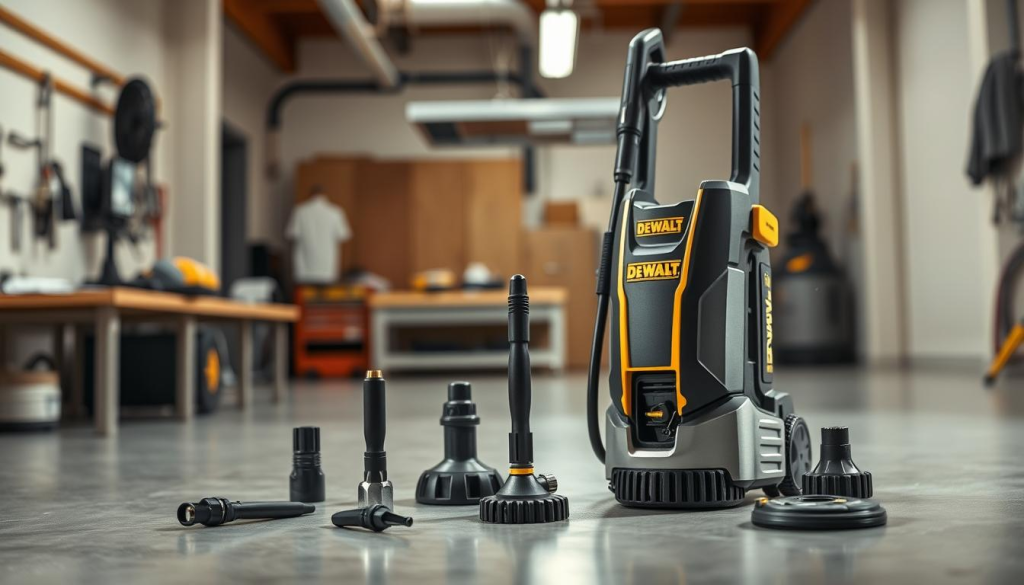 A high-quality, detailed image of the DEWALT 550 PSI Power Cleaner, showcasing its key features. In the foreground, the power cleaner is prominently displayed, its sleek design and sturdy construction clearly visible. The middle ground highlights the various attachments and nozzles, demonstrating the cleaner's versatility for different cleaning tasks. In the background, a clean, well-lit workshop setting provides context, emphasizing the product's professional-grade capabilities. The lighting is bright and directional, casting shadows that accentuate the cleaner's form and features. The camera angle is slightly elevated, giving a comprehensive view of the product. The overall mood is one of efficiency, power, and precision, befitting the DEWALT brand.