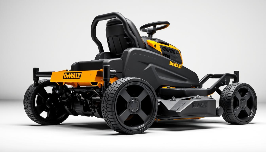 A high-quality, detailed image of the DeWalt Z254 lawn mower with a focus on its design and build quality. The mower should be shown in a well-lit, neutral studio setting, capturing its sleek lines, sturdy construction, and premium materials. Emphasize the mower's robust metal deck, ergonomic handle design, and large rear wheels for maneuverability. Include close-up shots of the mower's controls, engine, and other technical specifications to showcase its engineering and attention to detail. The overall mood should convey a sense of reliability, durability, and professional-grade performance.