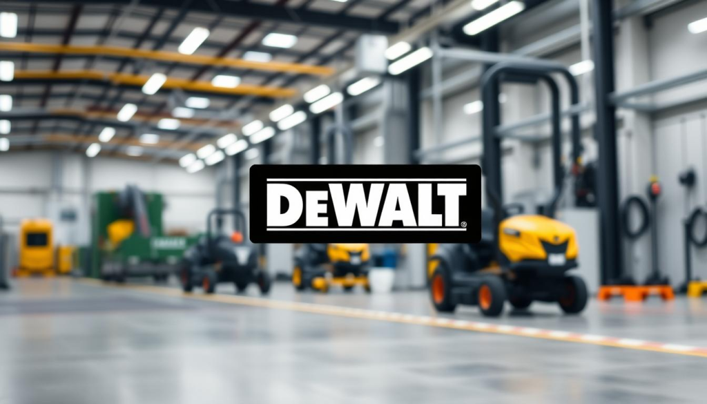 A high-quality, detailed image of the DeWalt logo and branding prominently displayed in the foreground, with a clean, minimalist background showcasing industrial machinery and equipment typical of a modern manufacturing facility. The image should have a professional, authoritative tone, conveying DeWalt's reputation as a trusted producer of durable, reliable lawn care equipment. Lighting should be soft and directional, creating depth and emphasizing the brand's sleek, modern aesthetic. The camera angle should be slightly elevated, lending a sense of authority and prestige to the DeWalt brand.