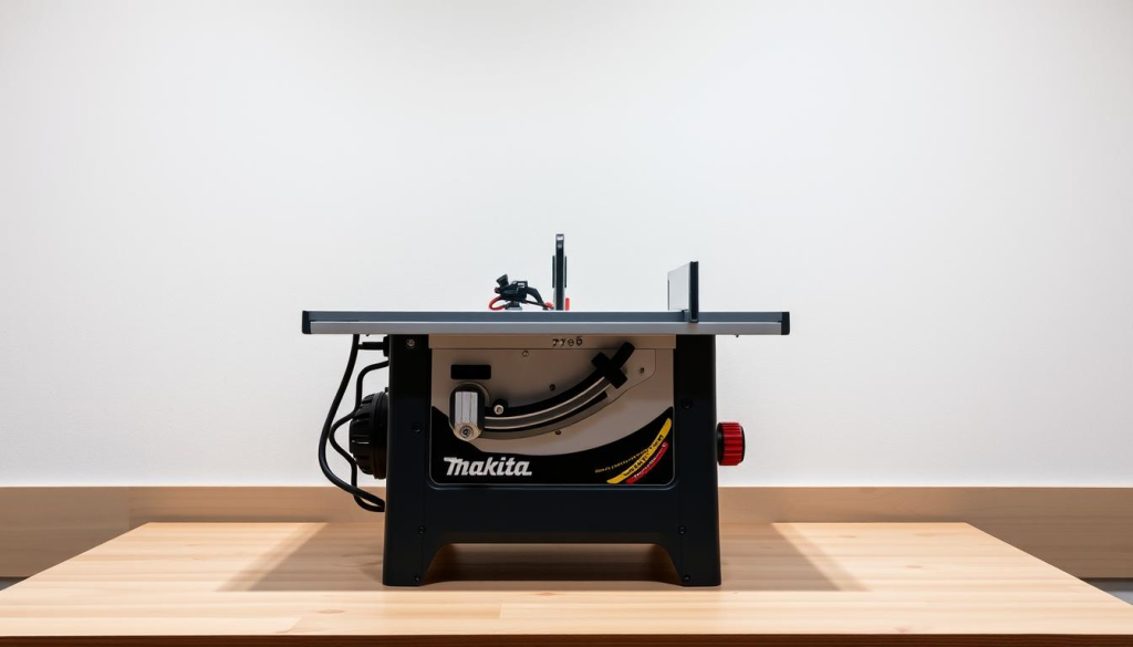 A high-quality, detailed image of the Makita 2708 portable table saw, set against a clean, well-lit workshop environment. The saw is positioned prominently in the center, with its robust metal construction and precision-engineered components clearly visible. The tabletop is sleek and smooth, inviting the viewer to imagine the tool in use. In the background, a crisp, neutral-toned wall provides a simple yet sophisticated backdrop, allowing the saw to take center stage. The lighting is soft and diffused, casting gentle shadows that accentuate the tool's form and features. The overall scene conveys a sense of professionalism, reliability, and the benefits of this versatile power tool.