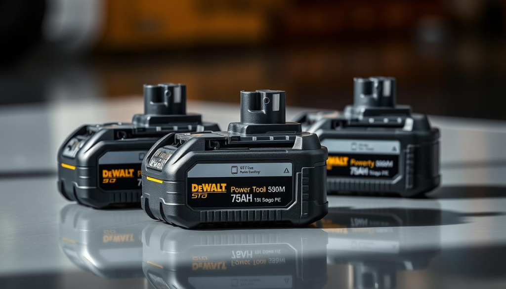 A high-quality, detailed image of three Dewalt 5Ah batteries placed on a clean, reflective surface. The batteries are shown from multiple angles, highlighting their robust construction, sleek black design, and prominent Dewalt branding. Soft, directional lighting casts subtle shadows, emphasizing the batteries' depth and texture. The image is captured with a shallow depth of field, keeping the batteries in sharp focus while the background is gently blurred, creating a sense of depth and drawing the viewer's attention to the subject. The overall mood is professional and informative, conveying the power and reliability of these Dewalt power tool batteries.